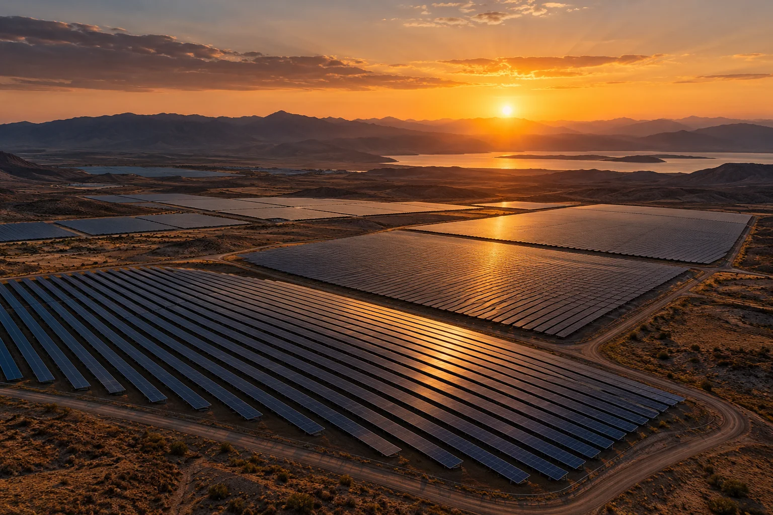 Paneles solares al atardecer bajo un cielo dorado